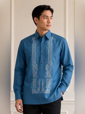 Men's Blue Embroidered Dress Shirt